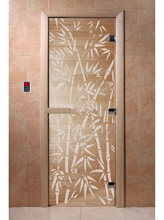 Дверь для бани стеклянная с рисунком "Бамбук и бабочки" 1700*700 мм "DoorWood"