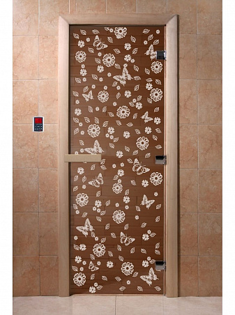 Дверь для бани стеклянная с рисунком "Цветы и бабочки" 1900*800 мм "DoorWood"