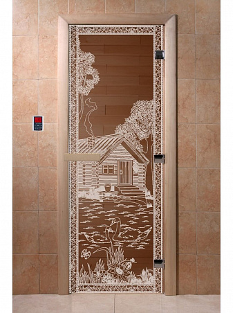 Дверь для бани стеклянная с рисунком "Банька в лесу" 2000*900 мм "DoorWood"