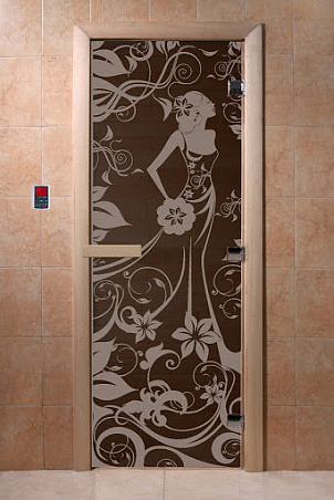 Дверь для бани стеклянная с рисунком "Девушка в цветах" 1900*800 мм "DoorWood"
