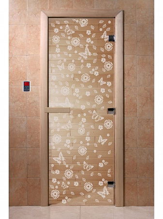 Дверь для бани стеклянная с рисунком "Цветы и Бабочки" 1900*700 мм "DoorWood"