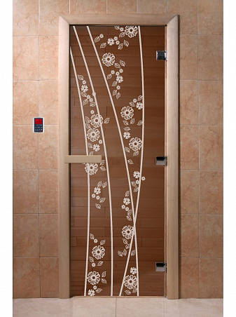 Дверь для бани стеклянная с рисунком "Весна Цветы" 2000*700 мм "DoorWood"