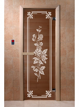 Дверь для бани стеклянная с рисунком "Розы" 1800*600 мм "DoorWood"